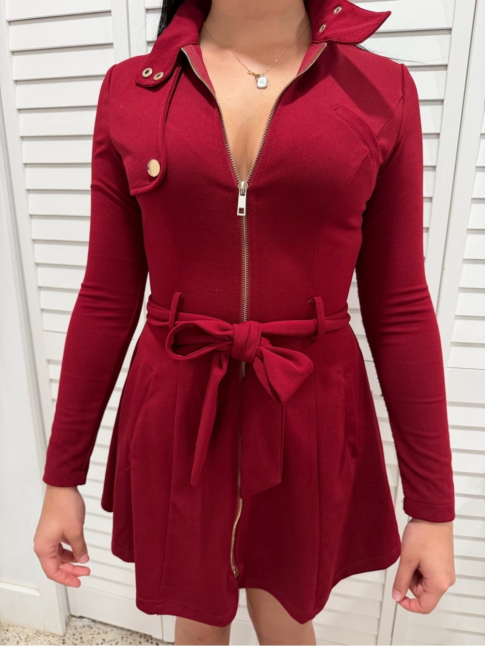 Red Zip-Front Belted Fit & Flare Dress